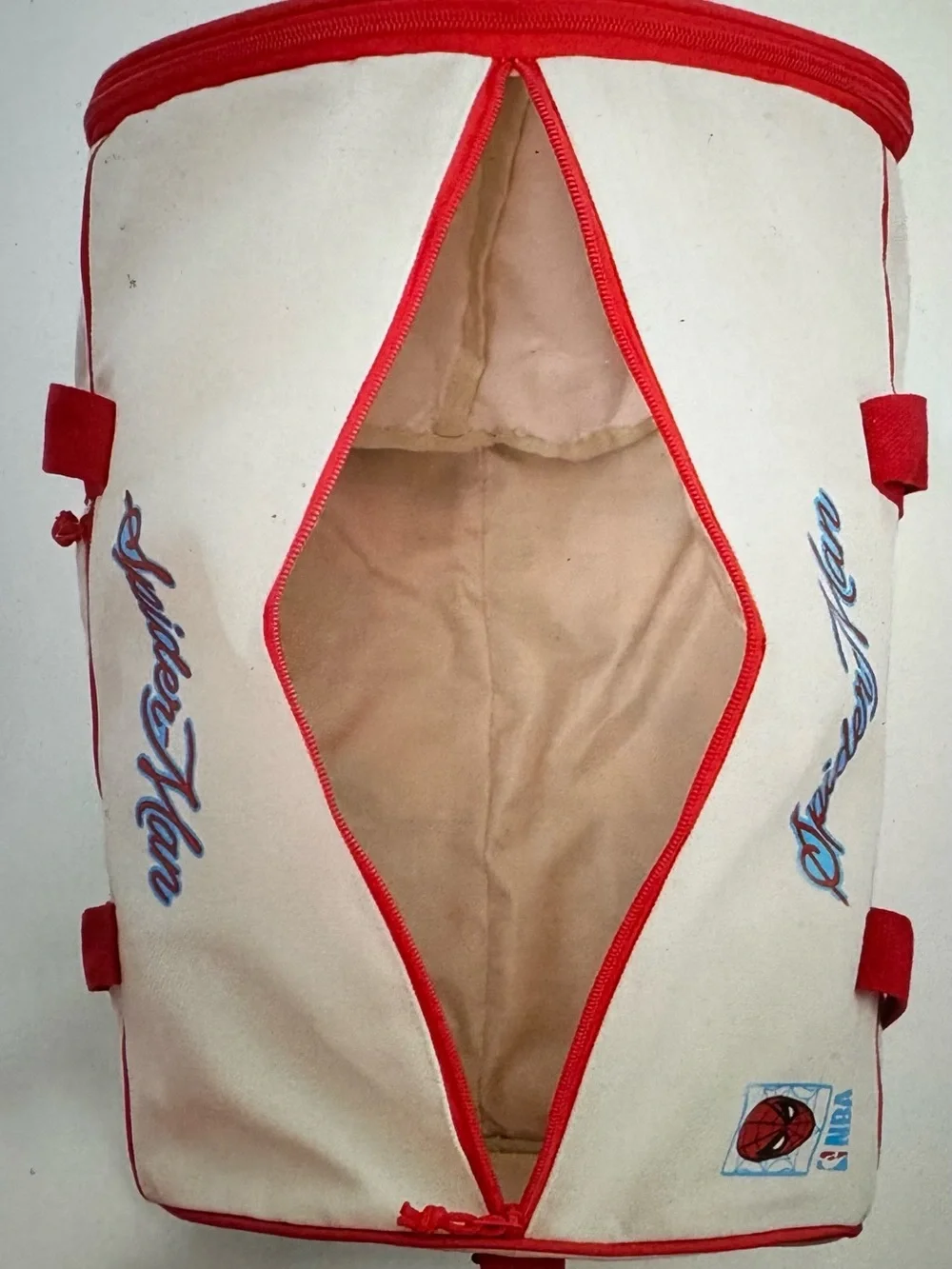 NBA Unisex White and Red Canvas Duffel with Retro Basketball Motif